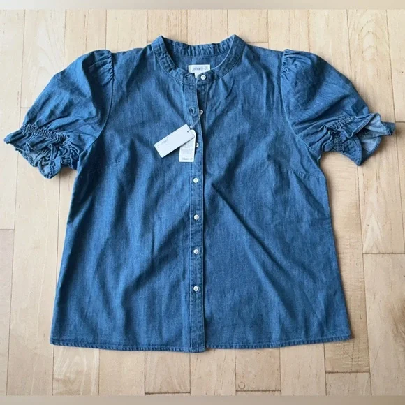 johnnie-O Natalia Chambray Blue 100% Cotton Puff Sleeve Button Blouse Small NWT - Picture 3 of 13